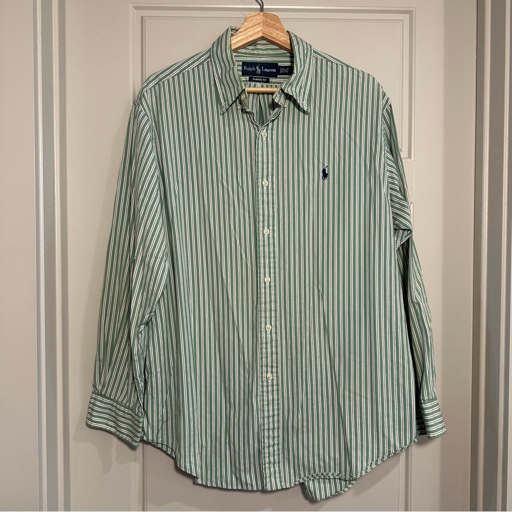 Vintage Ralph Lauren Men's Green‎ White Striped Poplin Shirt Size Large